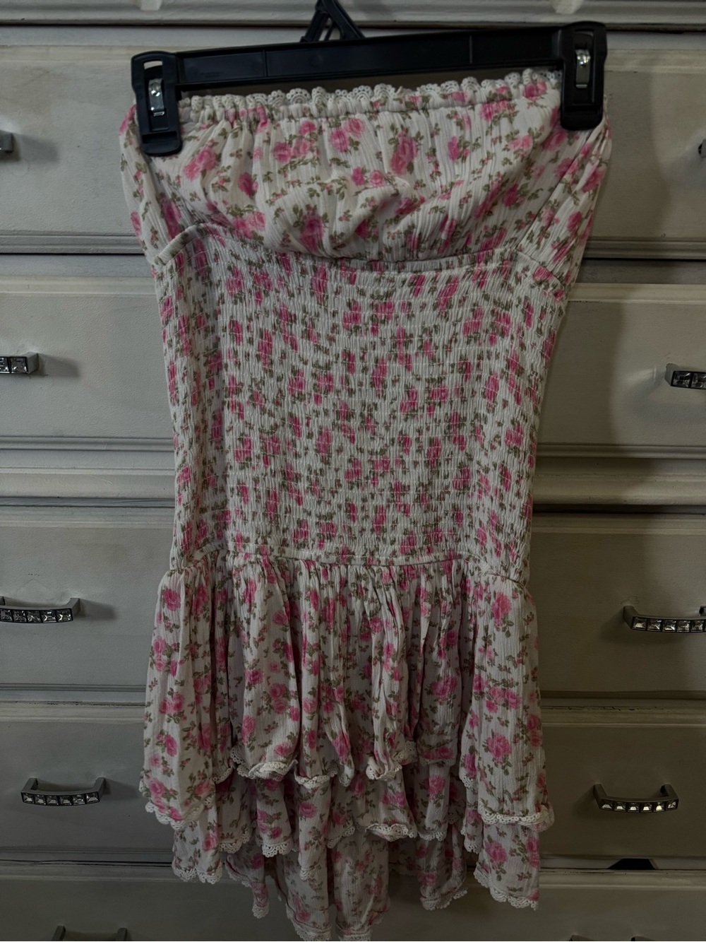 Girls Floral Pink and Cream Smocked Ruffle Dress
